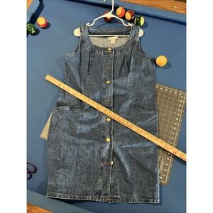 VTG Denim Tank Dress Women's Size 14 Blue Gold Tone Buttons Pockets Jean Mom